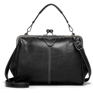 Segater® Women  PU Leather Black Retro Hollow Oil Wax Kiss Lock Crossbody Purse